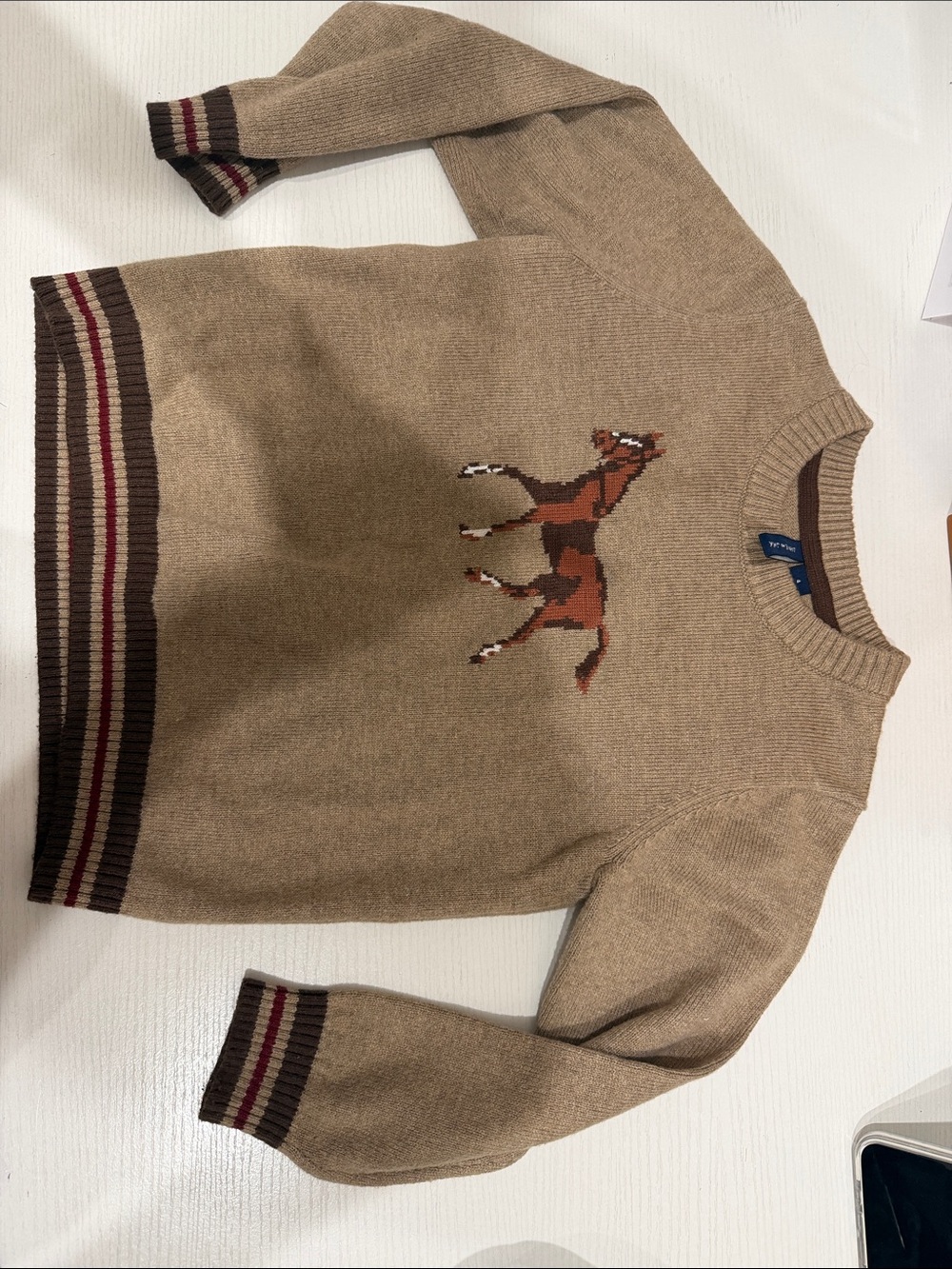Janie and Jack Tan Crewneck Sweater with Horse Intarsia